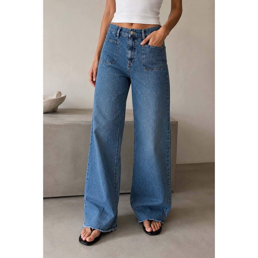J.Crew Full Length Wide-Leg Jeans Medium Wash Raw Hem 32 High Rise Patch Pocket - Picture 1 of 9